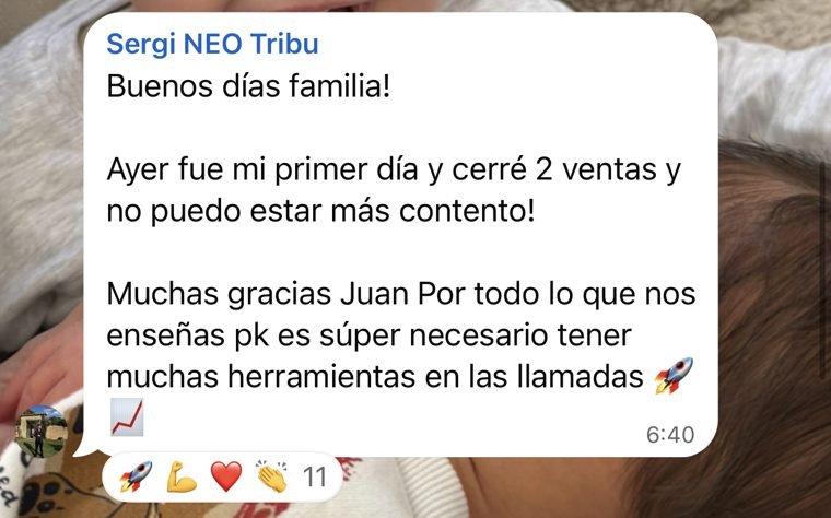 Mensaje de un alumno: cerró dos ventas en su primer día